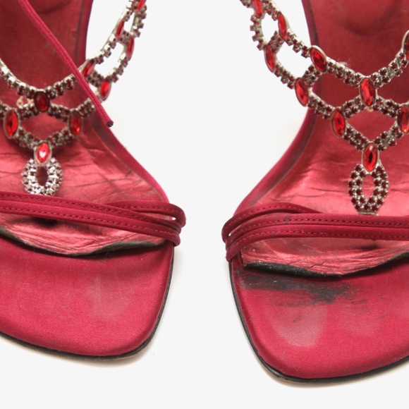 STUART WEITZMAN Sandals Red Satin Glass Heels Strappy 6.5M - Picture 7 of 10